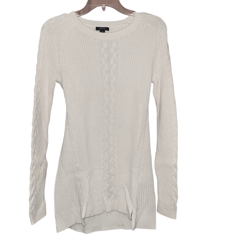 Nautica Women’s Cable Knit Cotton Pullover Sweater Cream Off White Long Sleeve M